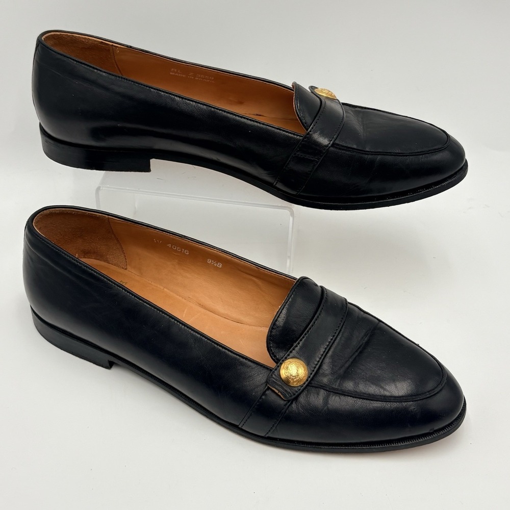Ralph Lauren Women's 9.5 B Black Leather Crest Button Loafers Brazil Vintage